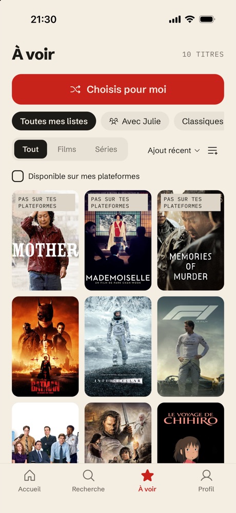 Liste À voir avec le bouton Choisis pour moi
