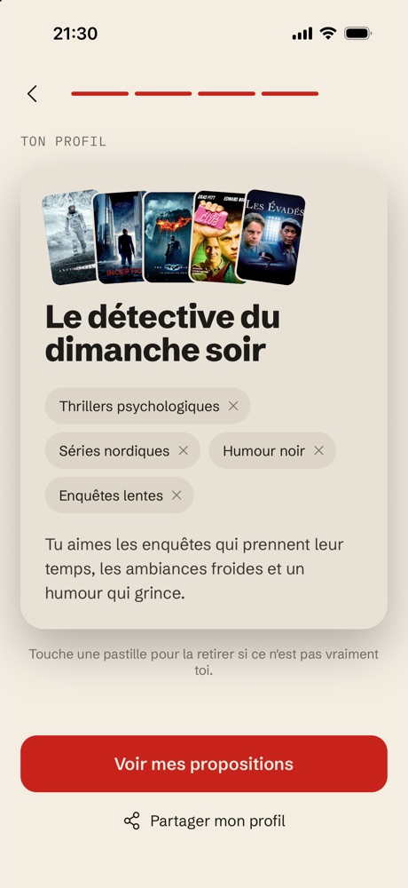 Profil de goûts révélé à partir de cinq films adorés
